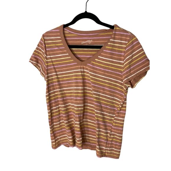 Universal Threads Women's Tan MultiColored Striped Kidcore Casual Short Sleeve - Picture 1 of 3